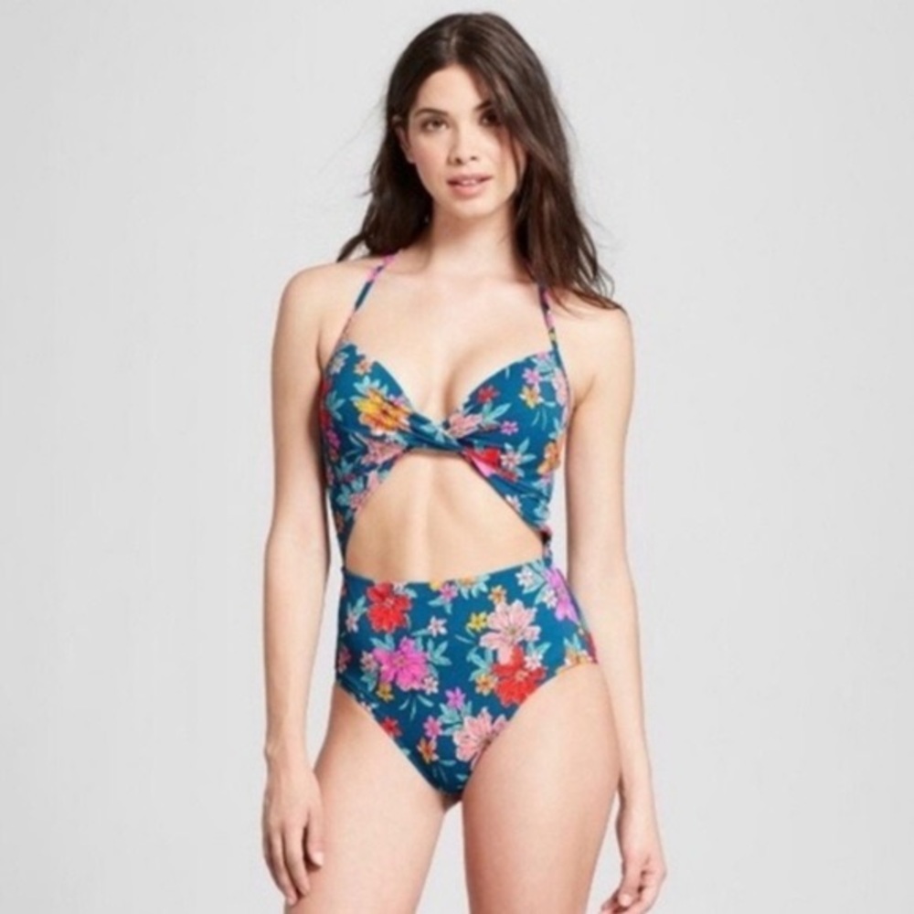 NWOT Shade & Shore Blue Floral Cut Out Swimsuit